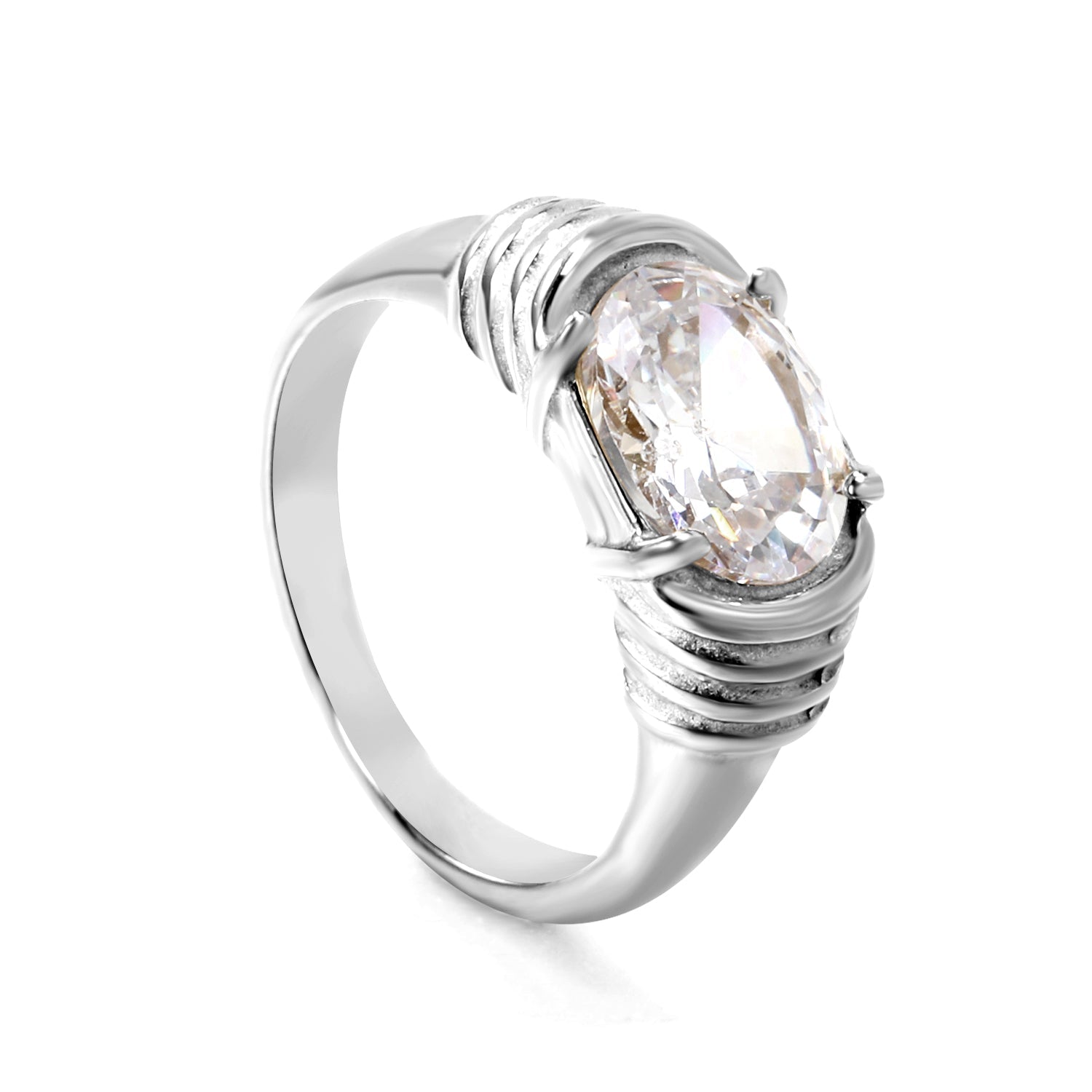 Oversized white oval diamonds on a threaded band ring. asonjewelry